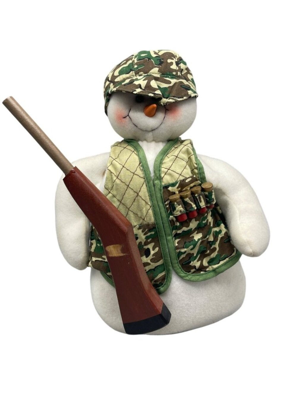 Christmas hunter plush standing snowman figurine decor white green camo READ